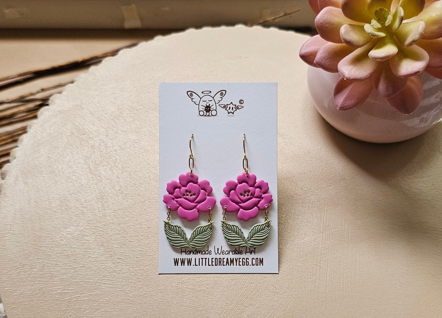 Blooming Magenta Peony Flower Dangles, Flowers Earrings, Polymer Clay Earrings