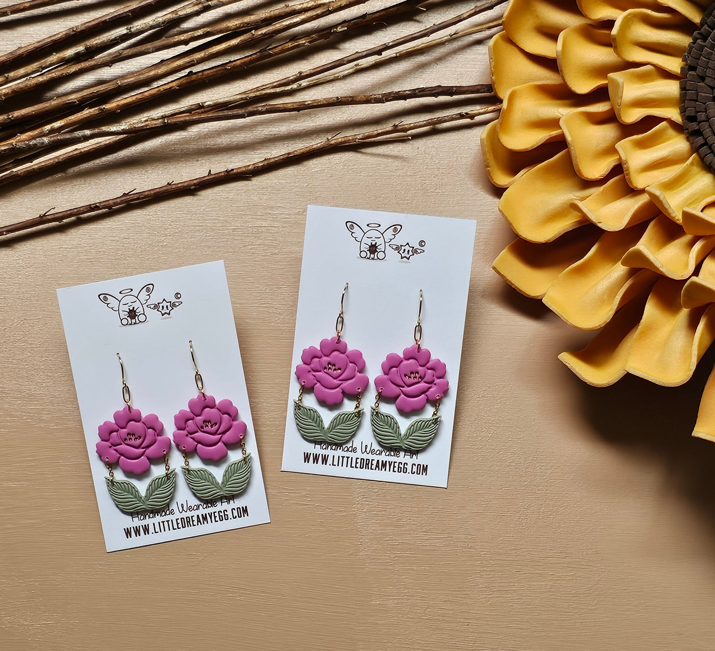 Blooming Magenta Peony Flower Dangles, Flowers Earrings, Polymer Clay Earrings