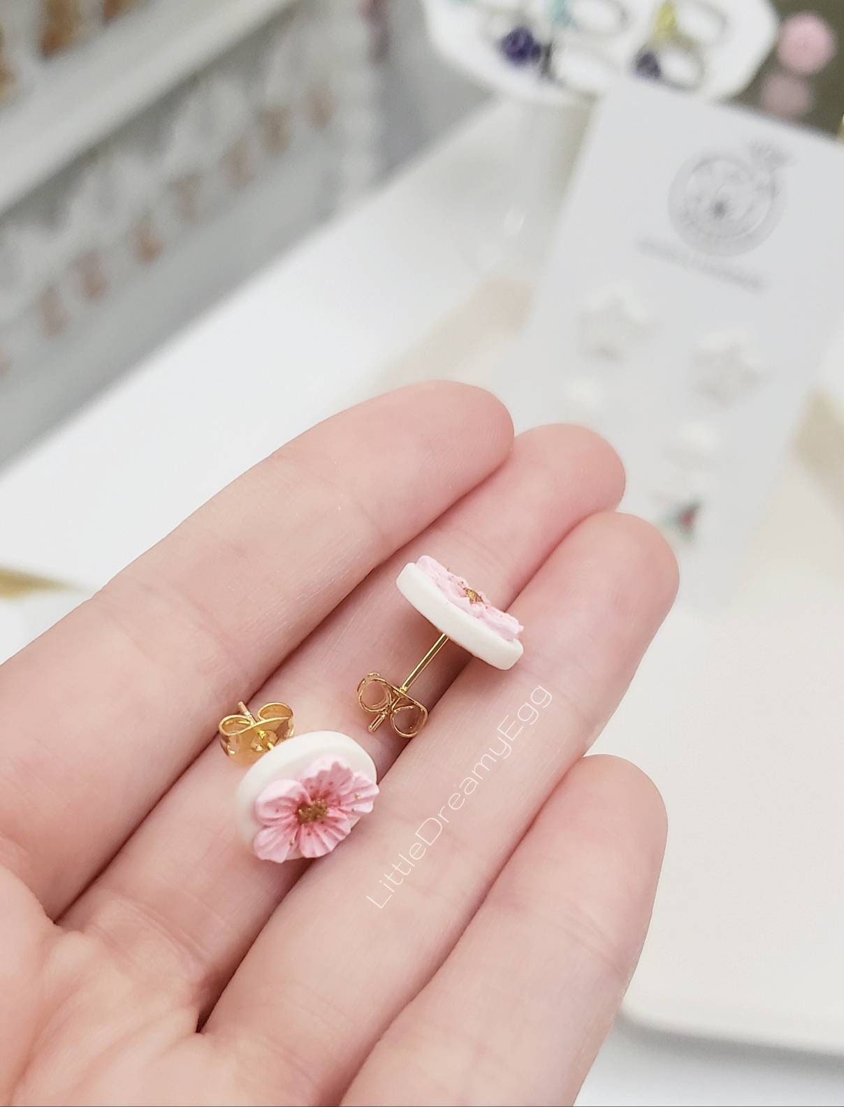 Japanese Cherry Blossom Polymer Clay Earrings - Sakura Stud Earrings
