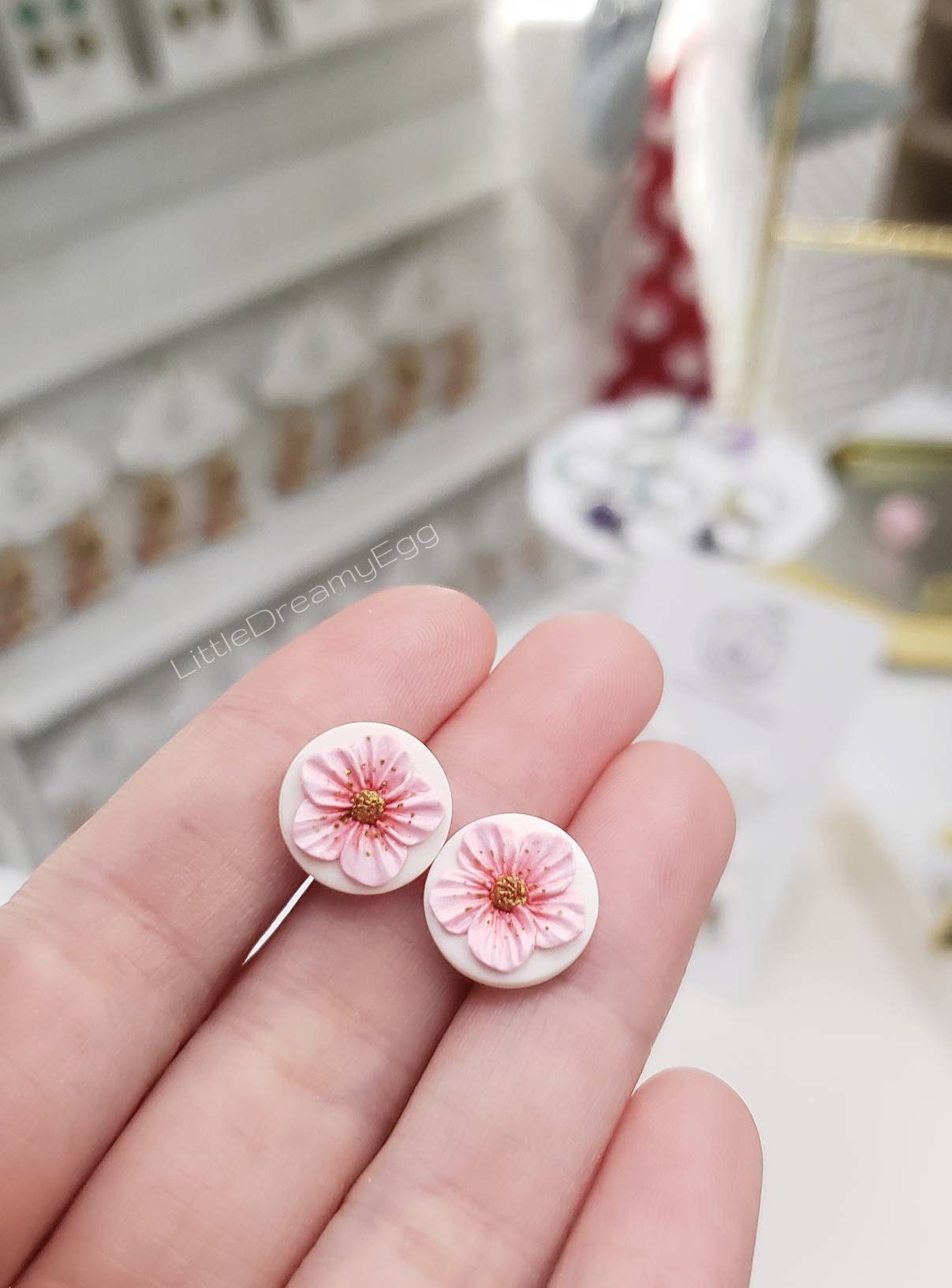 Japanese Cherry Blossom Polymer Clay Earrings - Sakura Stud Earrings