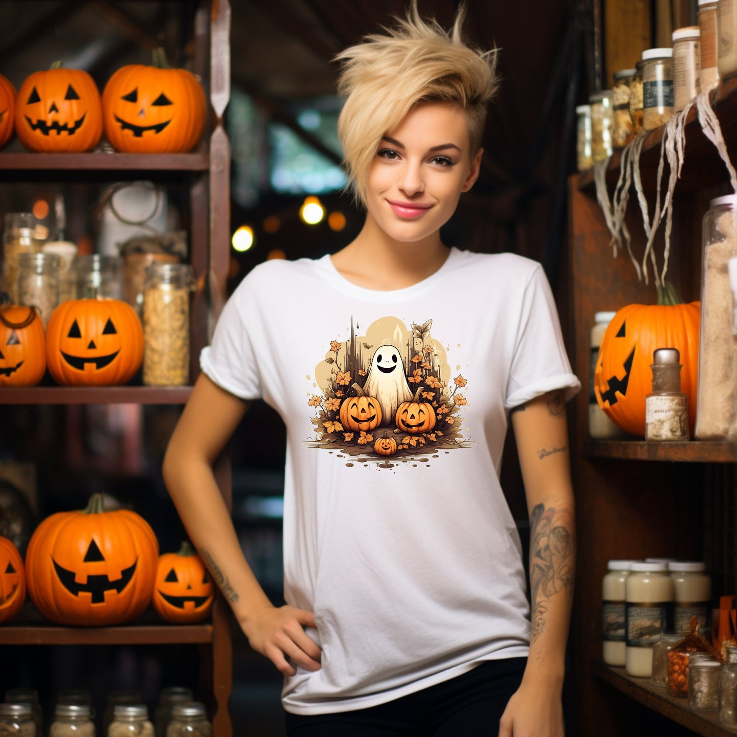 Happy Cute Halloween Ghost, Sublimation Design, Clipart, Vector Graphics for Cups, sticker, T-shirts, Print on Demand, svg png eps dxf,