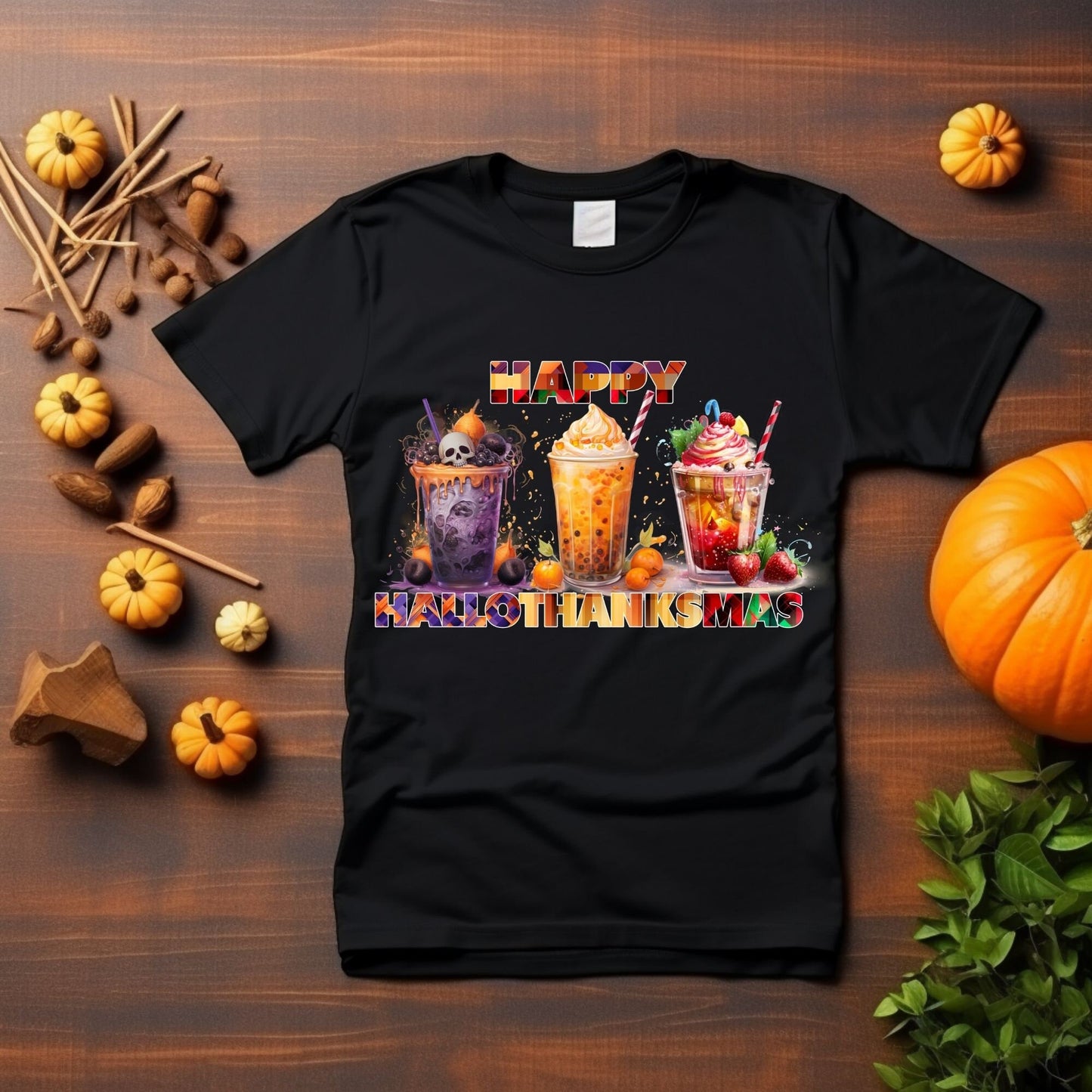 Happy Hallothanksmas svg, Boba Bubble Tea, Autumn and Fall design, Halloween, Thanksgiving, Christmas, Sublimation Design, T-shirt clipart