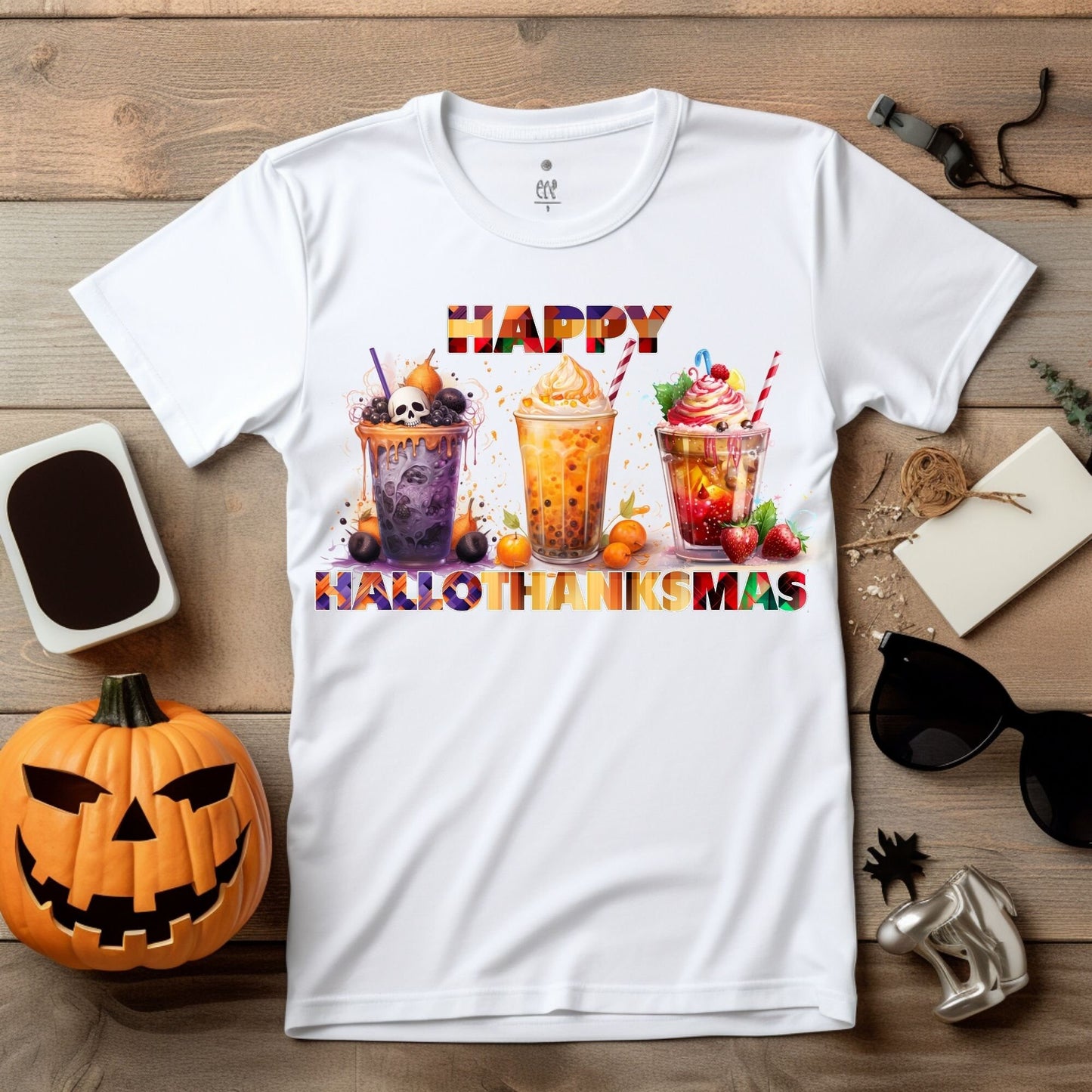 Happy Hallothanksmas svg, Boba Bubble Tea, Autumn and Fall design, Halloween, Thanksgiving, Christmas, Sublimation Design, T-shirt clipart