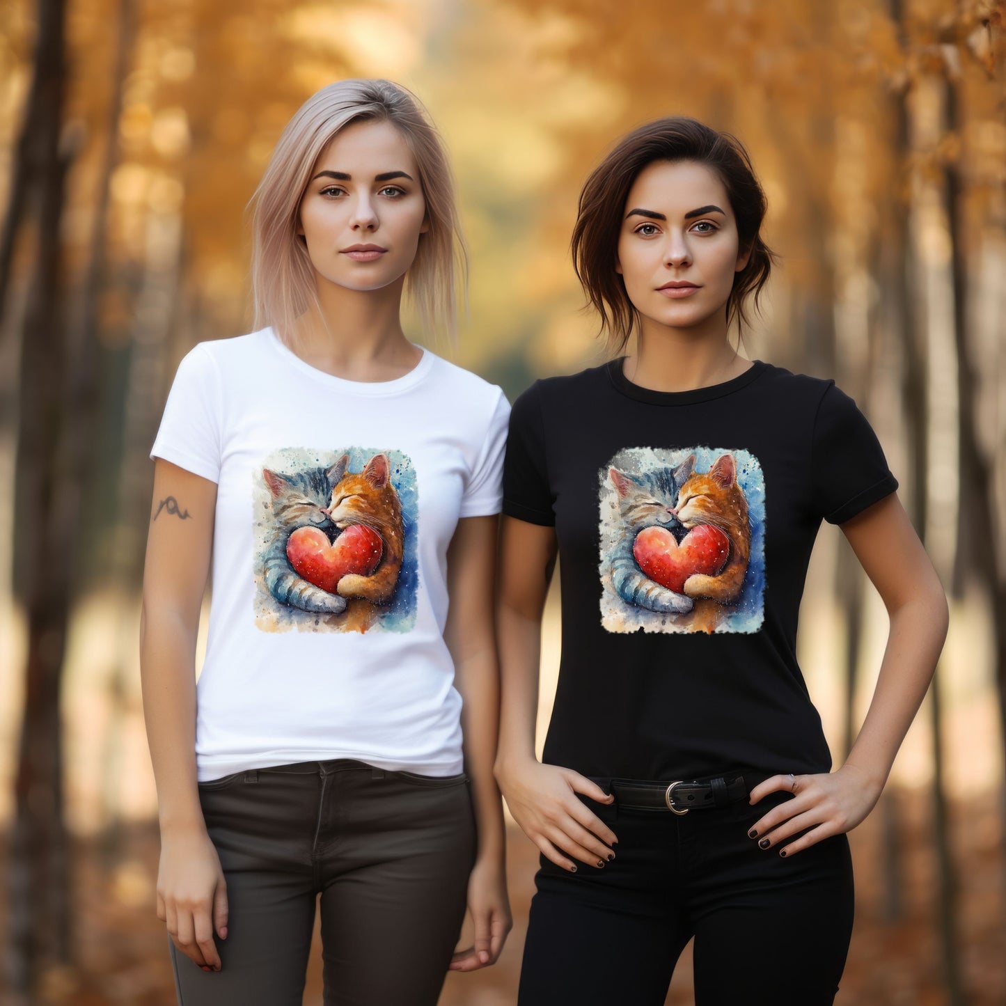 Heartfelt cats love png, Cats hugging a heart, Cats love svg, Cute cats png, Sublimation Design, T-shirt clip arts