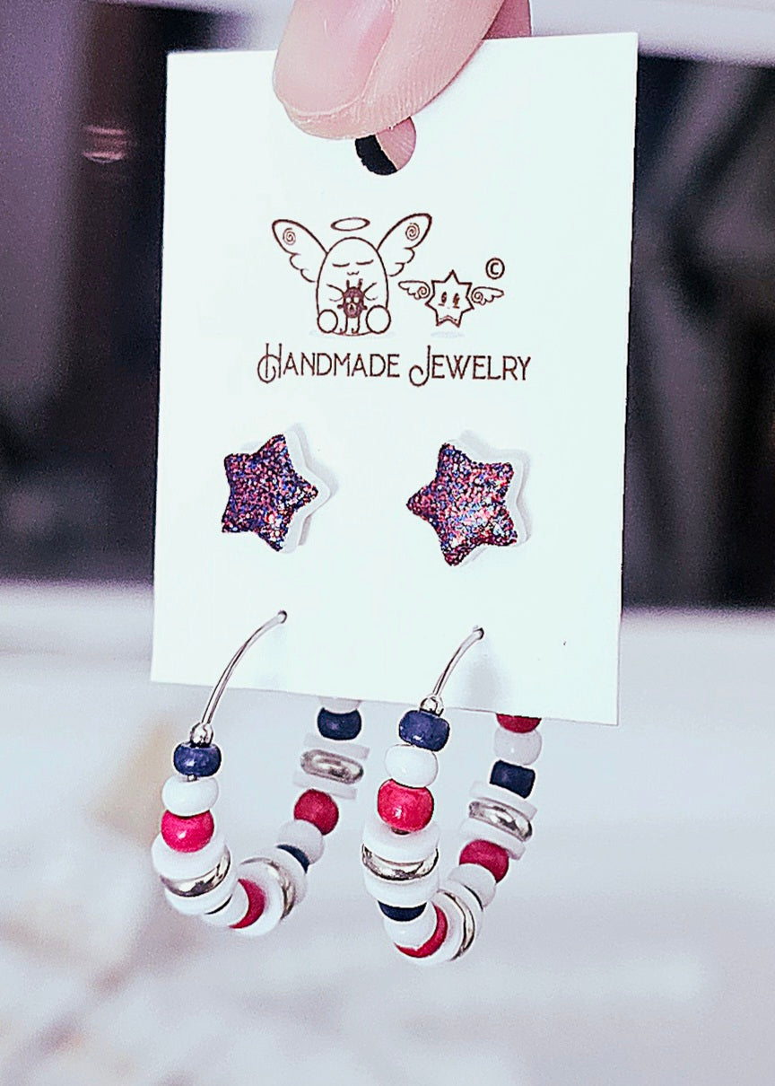 4th of July Bead Hoops Star Studs Combo