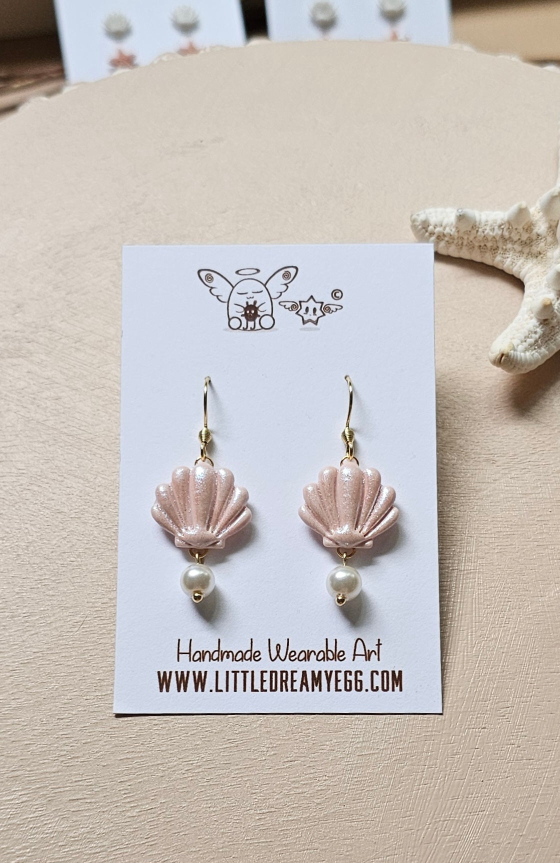 Scallop Pearl Dangles, Seashell Earrings, Polymer Clay Earrings