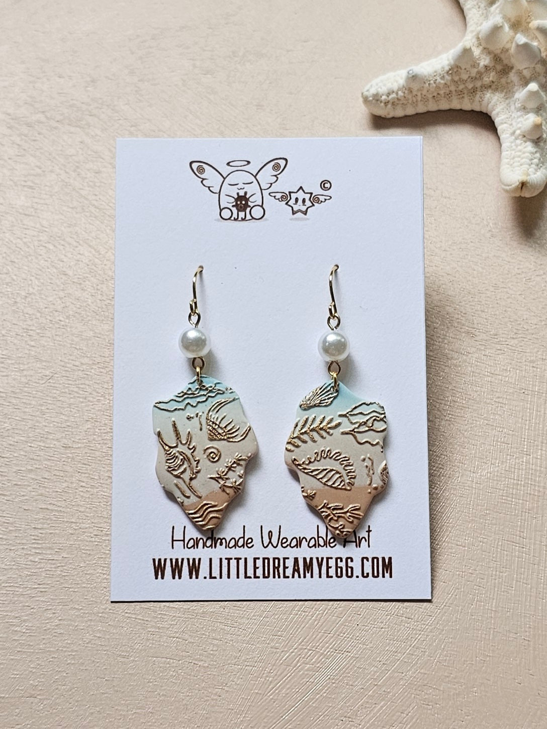 Seashell Fossil Fragment and Pearl Dangles, Seashell Earrings, Polymer Clay Earrings