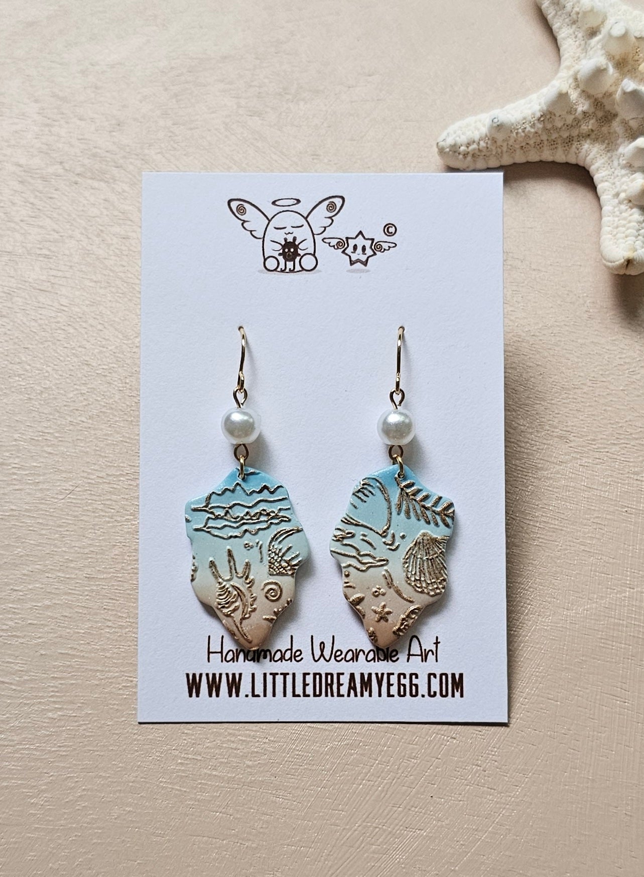 Seashell Fossil Fragment and Pearl Dangles, Seashell Earrings, Polymer Clay Earrings