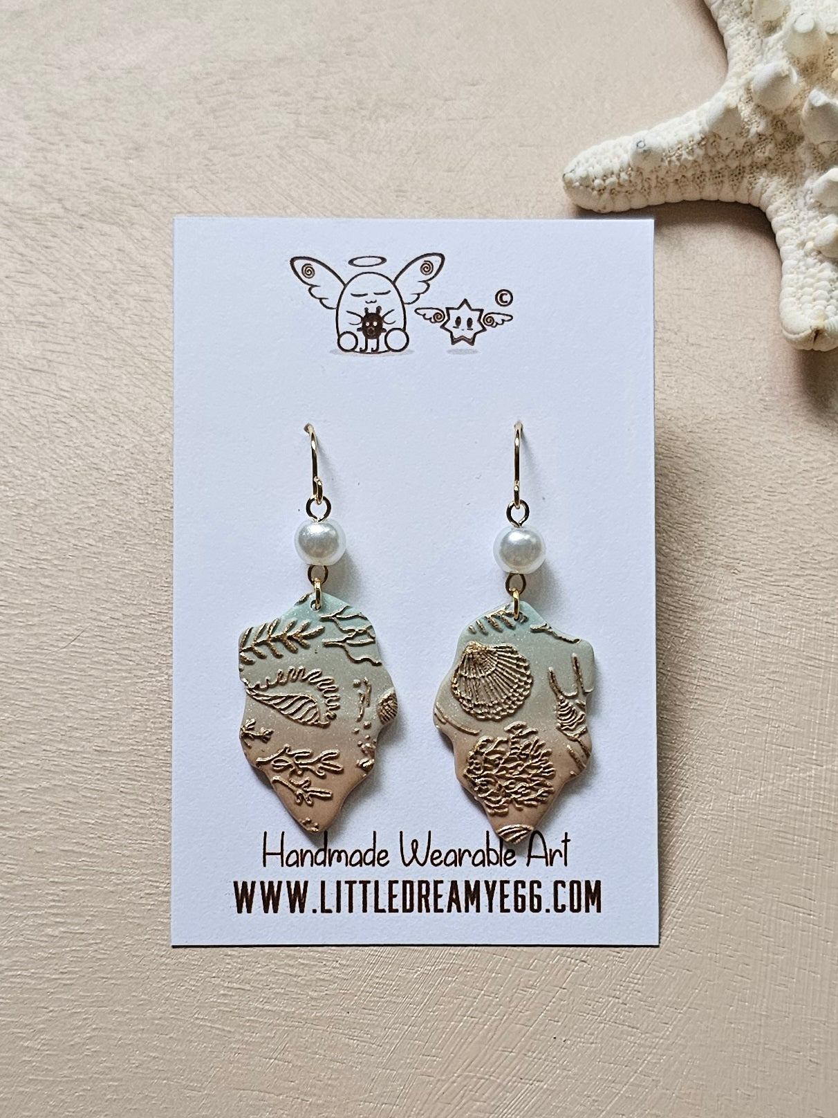 Seashell Fossil Fragment and Pearl Dangles, Seashell Earrings, Polymer Clay Earrings