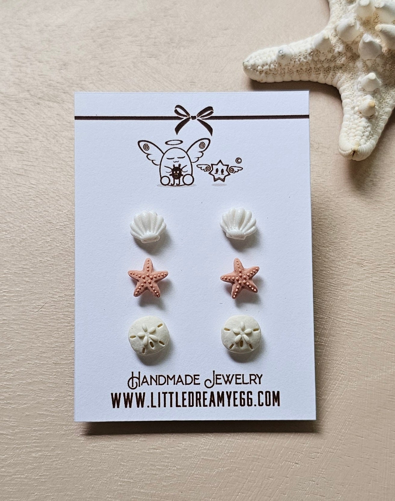 Seashell Stud Bundle; Scallops, Starfish, Sand dollars Ear Studs; Polymer Clay Earrings