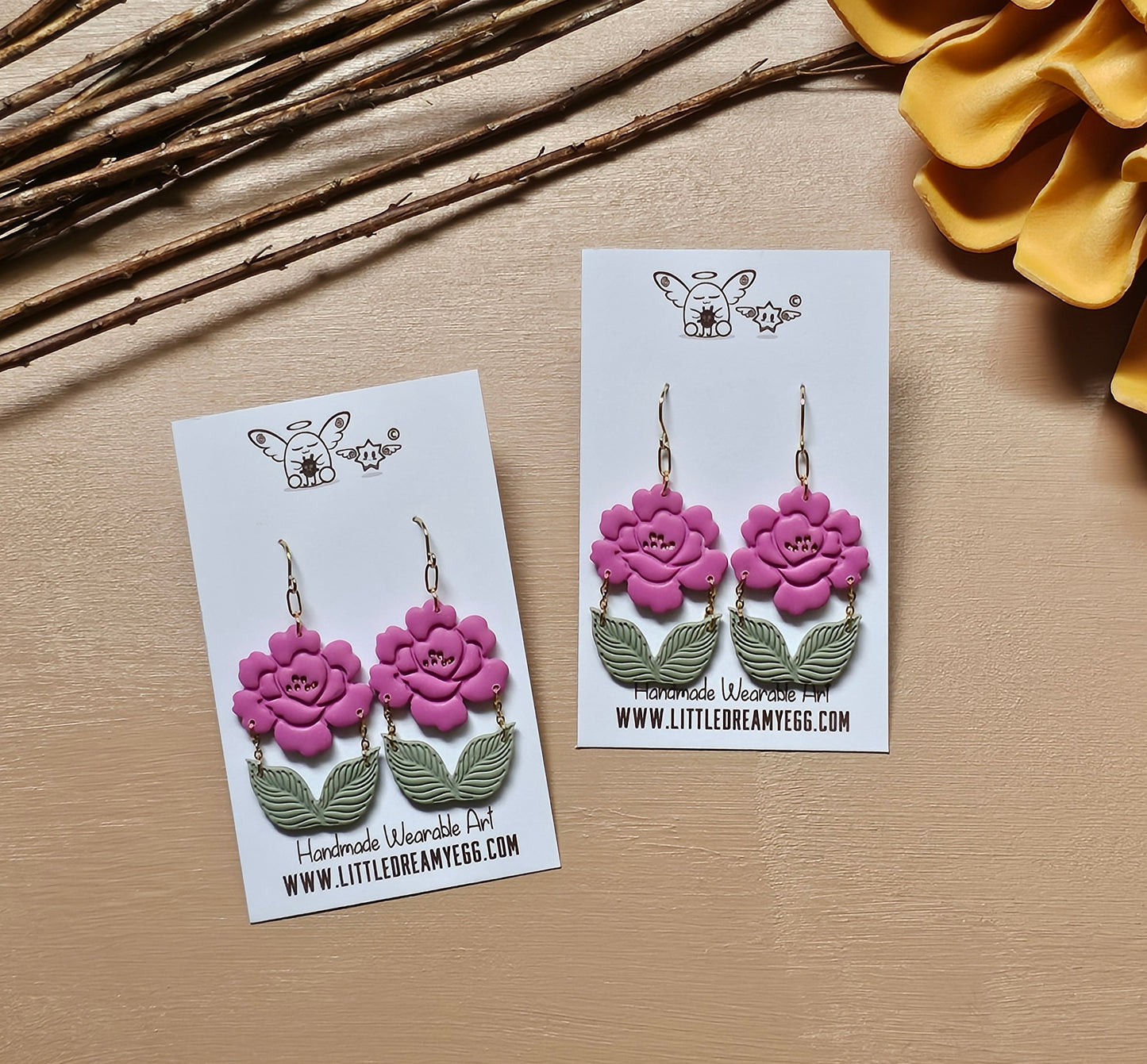 Blooming Magenta Peony Flower Dangles, Flowers Earrings, Polymer Clay Earrings