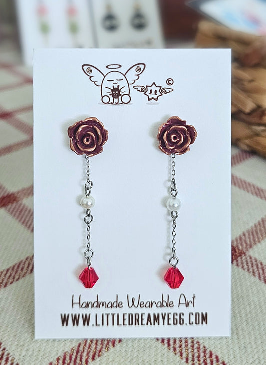 Romantic Red Wine Rose, Vintage Earrings, Dangle&Drop