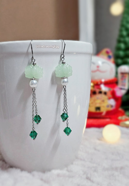 Precious Green Jade Lotus, Long Tassel Earrings