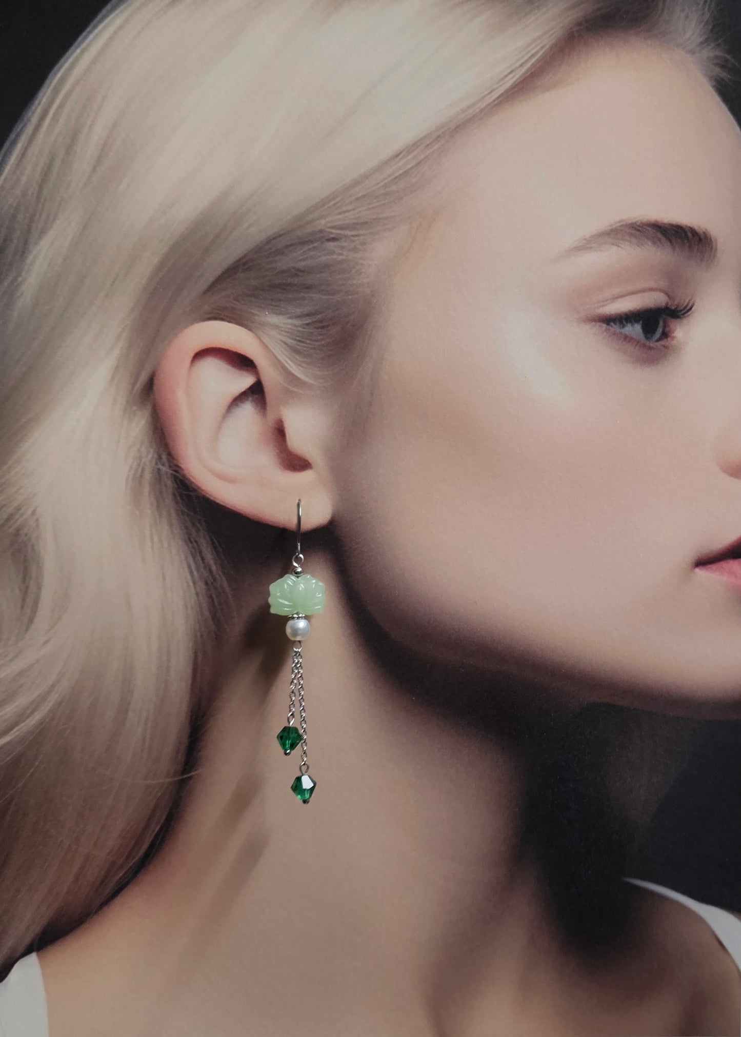 Precious Green Jade Lotus, Long Tassel Earrings