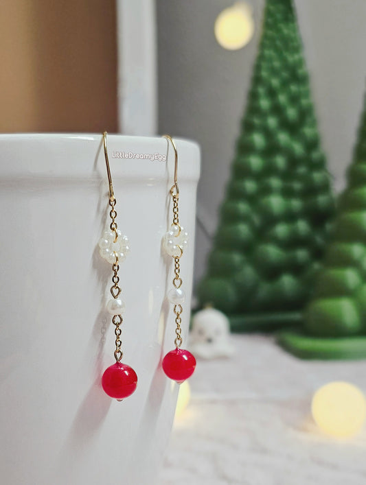 Cherry Red Drop Scallope Pearl Earrings, Dangle&Drop.