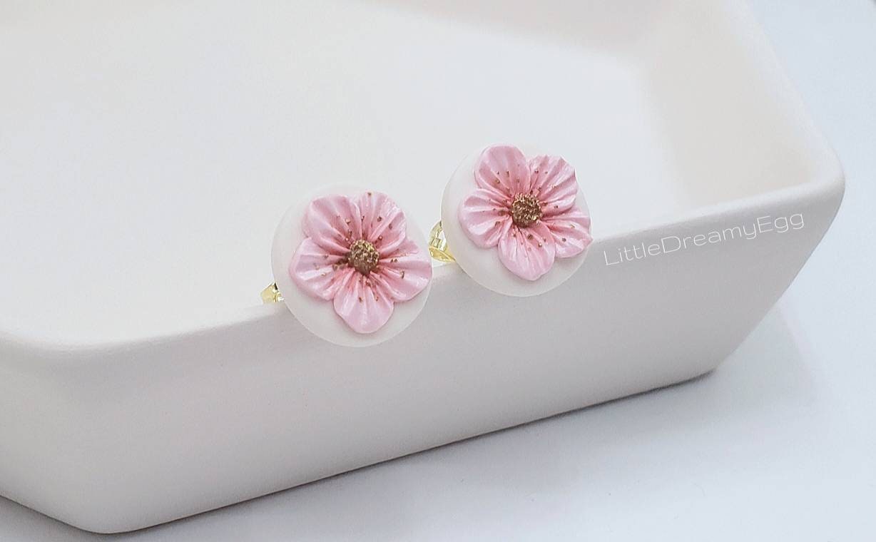 Japanese Cherry Blossom Polymer Clay Earrings - Sakura Stud Earrings