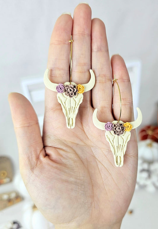 Boho Cow Skull Earrings | Polymer Clay Hoops Earrings | Wild West Jewelry