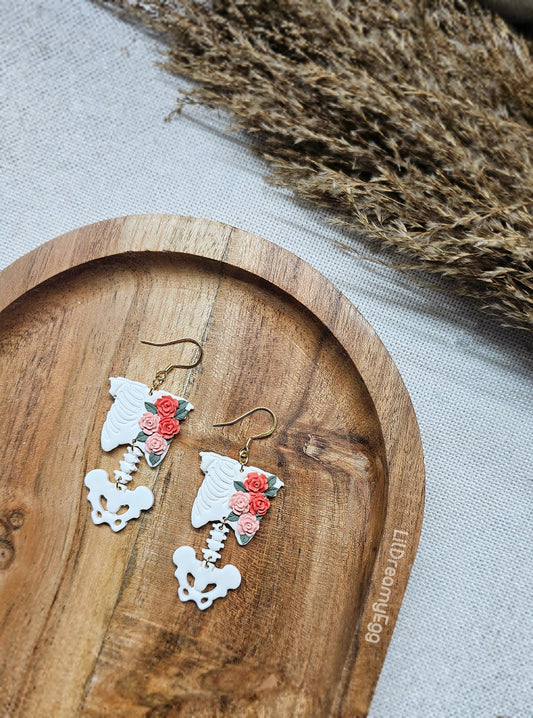 Handmade Floral Skeleton Polymer Clay Earrings | Boho Style