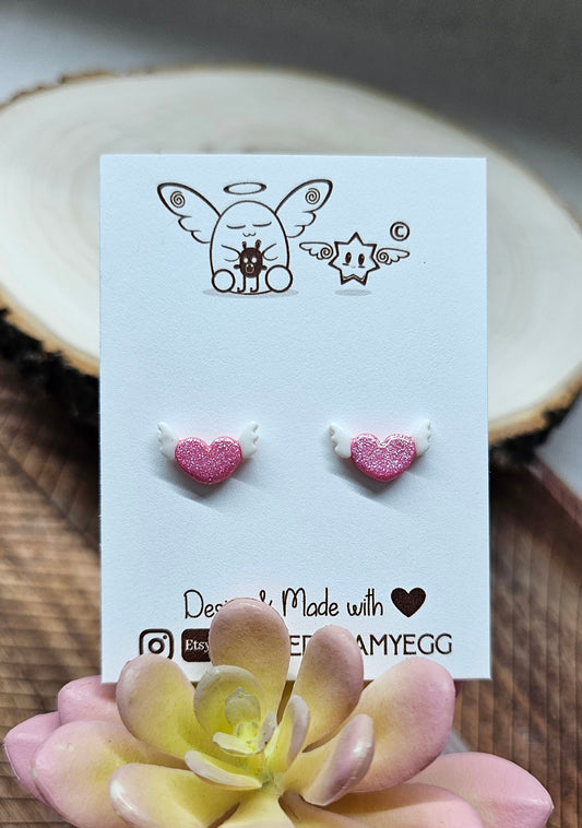 Flying Hearts Stud Earrings, Valentine, Polymer Clay Earrings