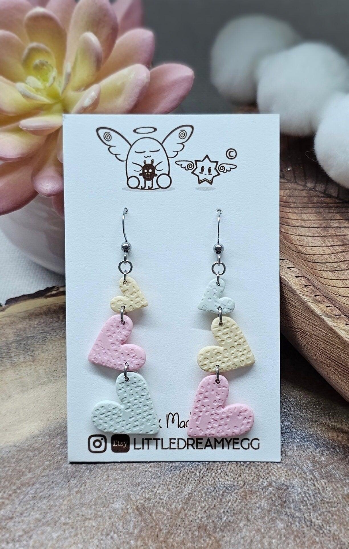 Stacking Hearts Dangle, Pastel Colors, Valentine Earrings, Spring, Cute Earrings, Handmade Polymer Clay Earrings, Hypoallergenic