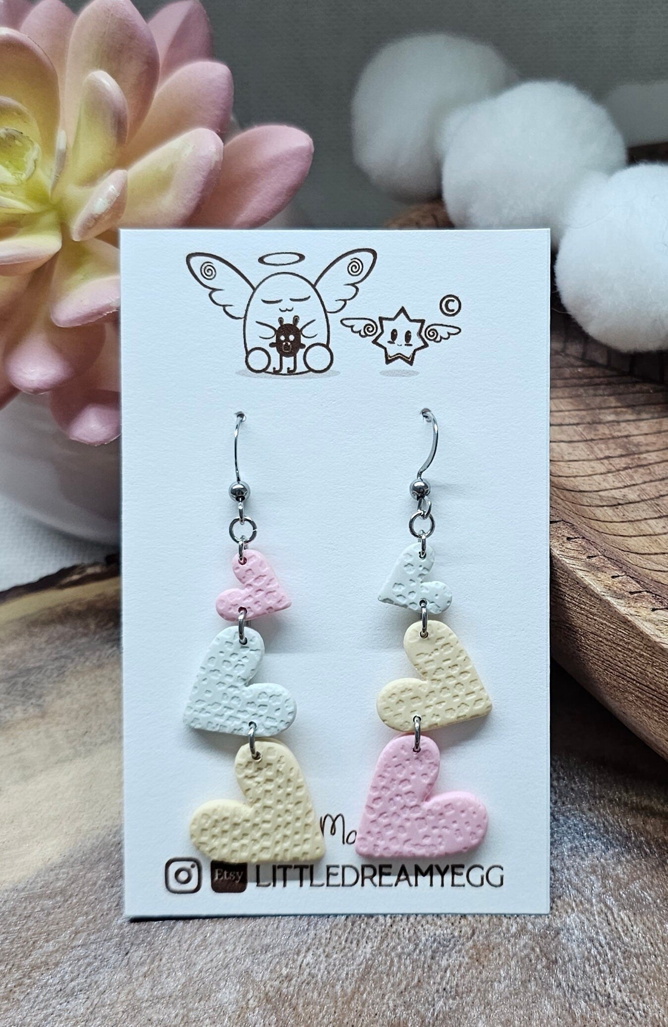 Stacking Hearts Dangle, Pastel Colors, Valentine Earrings, Spring, Cute Earrings, Handmade Polymer Clay Earrings, Hypoallergenic