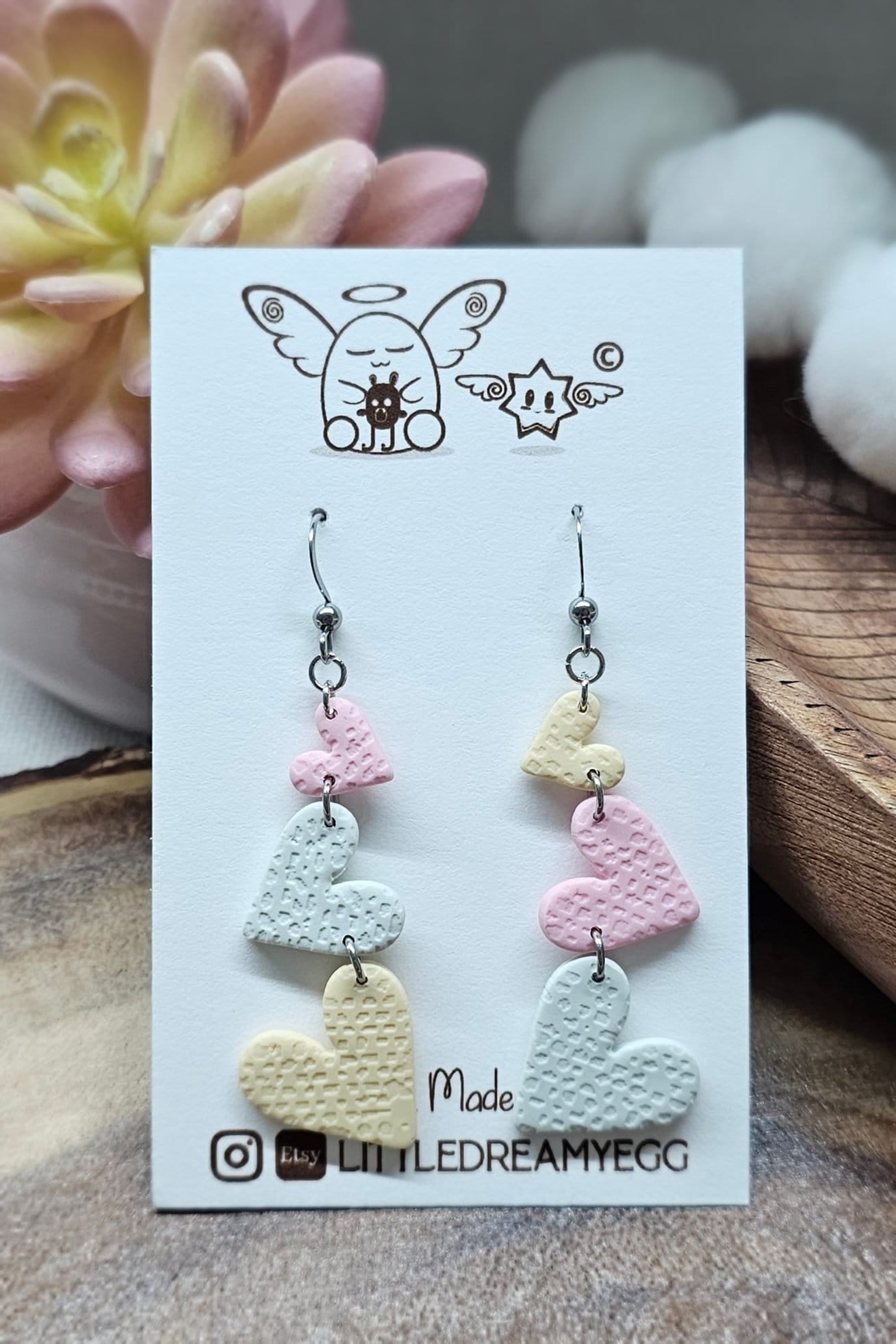 Stacking Hearts Dangle, Pastel Colors, Valentine Earrings, Spring, Cute Earrings, Handmade Polymer Clay Earrings, Hypoallergenic