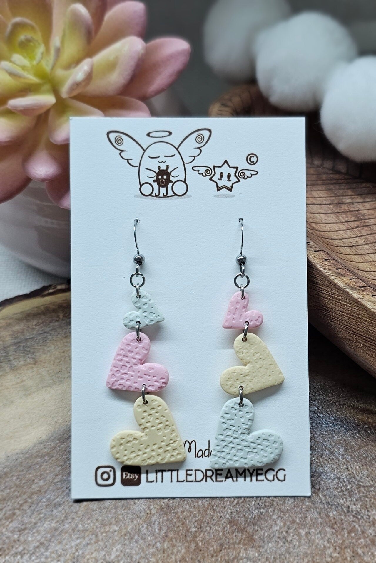 Stacking Hearts Dangle, Pastel Colors, Valentine Earrings, Spring, Cute Earrings, Handmade Polymer Clay Earrings, Hypoallergenic