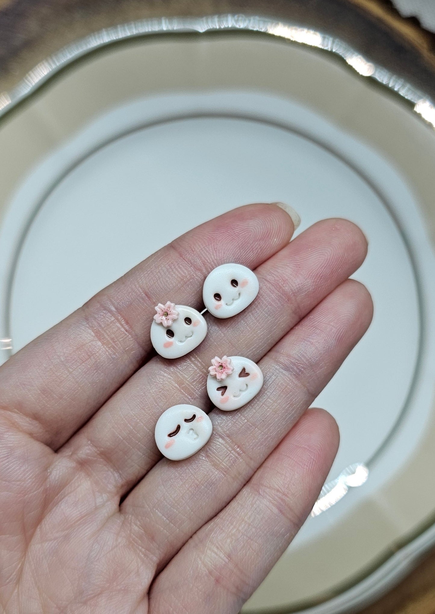 White Mochi Polymer Clay Earrings, kawaii, Springs vibe, Sakura Mochi Earrings, Handmade, Hypoallergenic